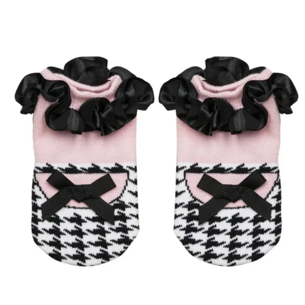 Jackson Ganz Houndstooth Ruffle Bow Socks Pink‎ Baby 0-12 Months 2 Pair